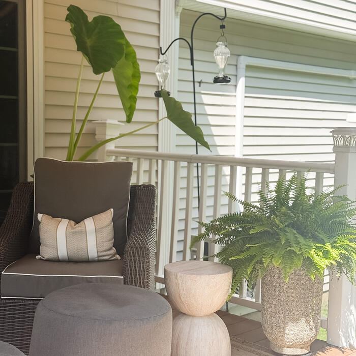 A covered porch with wicker seating, a fern in a woven planter and elephant ear leaves.