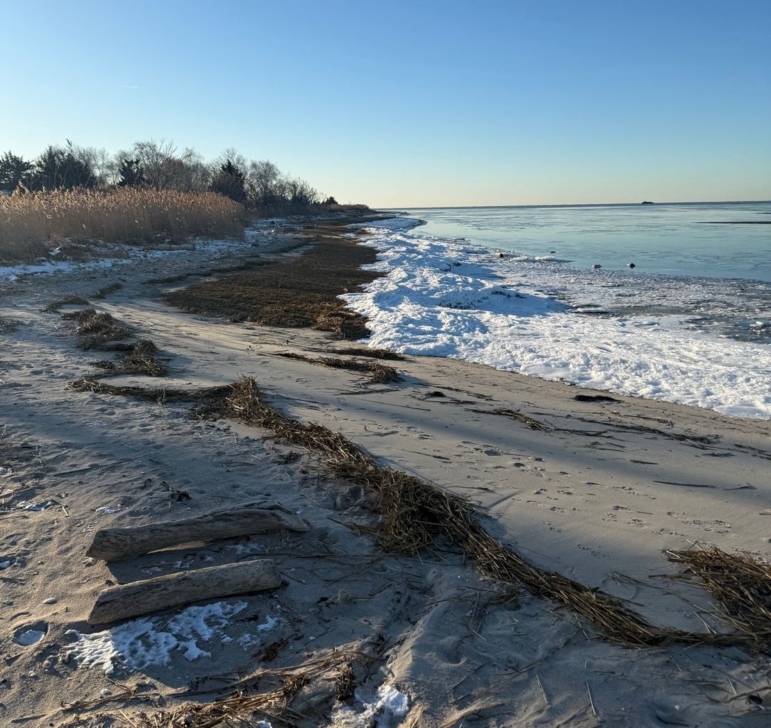Long Island Sound in winter — snow along the tide line.