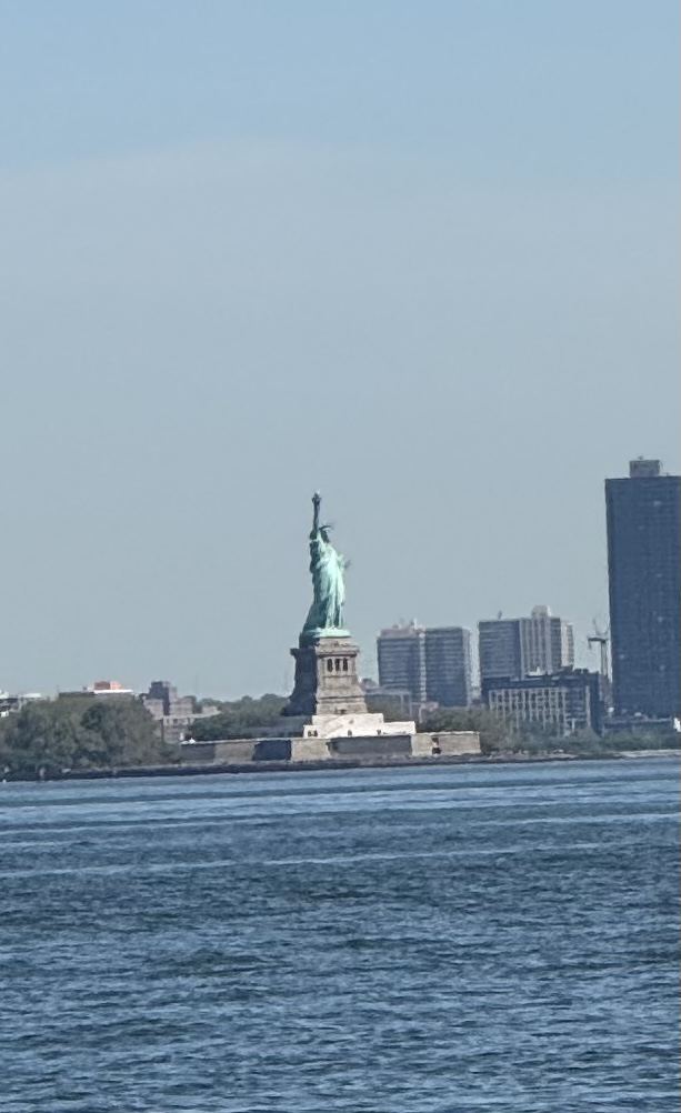 The Statue of Liberty seen from the water, green against the sky.